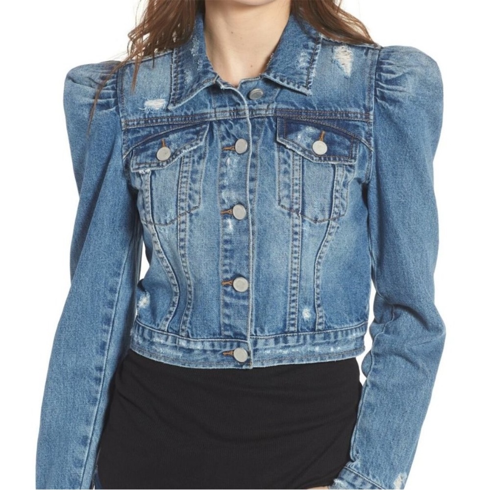 Blank NYC Puff Shoulder Cropped Distressed Denim Jacket
